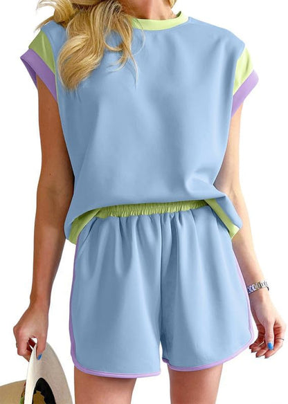 Two 2 Piece Lounge Sets for Women Summer Casual Short Sleeve Tops Matching Shorts Loose Fit Loungewear Tracksuit Set Womens Clothing Sky Blue S