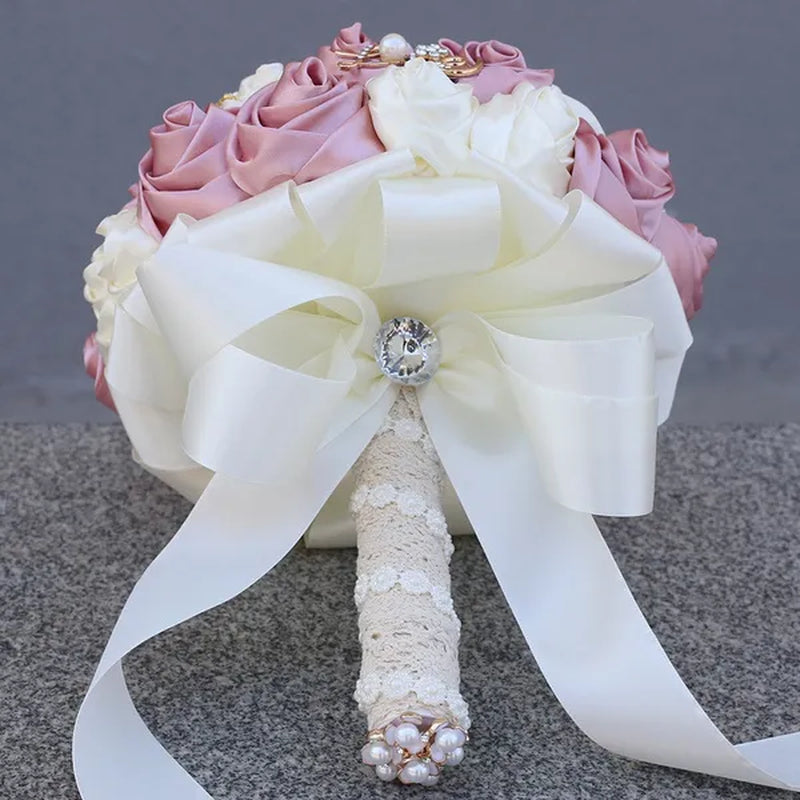 21CM Silk Rose Wedding Flower Bouquet Pearl Rhinestone Brooch Bouquet Bride Bridesmaid Holding Flowers Wedding Party Shooting Props