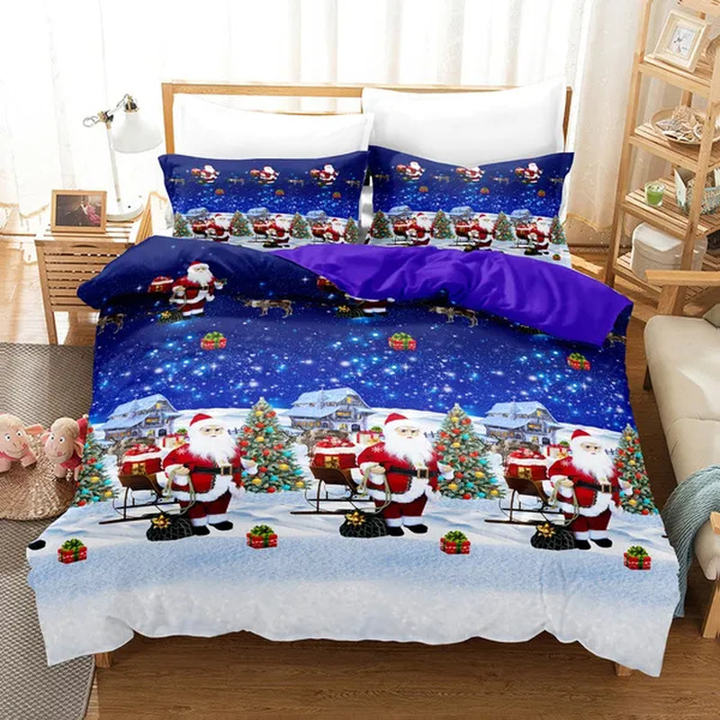 3Pcs/Set Christmas Duvet Cover Pillowcase Set,Christmas Holiday Decorative Comforter Cover Set Red with Christmas Reindeer and Snowflake Patterns Pillowcase (Quilt, pillow heart not included)