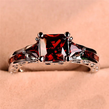 Women silver plated  Princess Cut Garnet Red Ruby Wedding Ring Party Jewelry Gifts Size 4 5 6 7 8 9 10 11