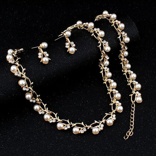 Elegant 3pcs/set Party Gift Wedding Bridal Jewelry Diamond Imitation Pearl Necklace Earring Sets