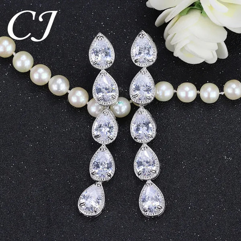 Candice High Quality Long Dangling Earrings Connect 5 Pcs Water Drop AAA CZ Zirconia White Gold Plated Luxury Wedding Ear Jewelry for Bridal Accessorise