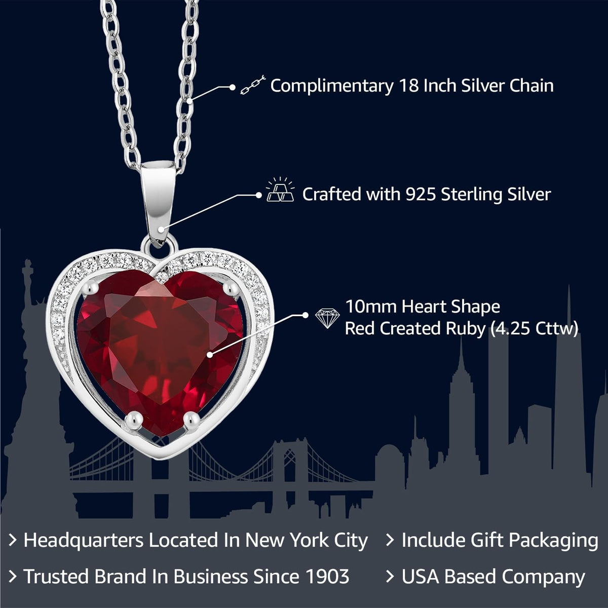 925 Sterling Silver Created Ruby Pendant Necklace for Women (4.25 Cttw, Heart Shape 10MM, with 18 Inch Silver Chain)