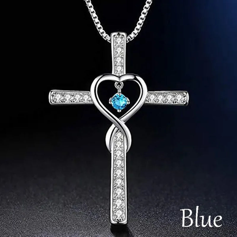 Infinity Love God We Trust Christian Cross Birthstone Diamond Rhinestone Pendant Necklace Birthday Gifts Jewelry For Women Christmas Girls