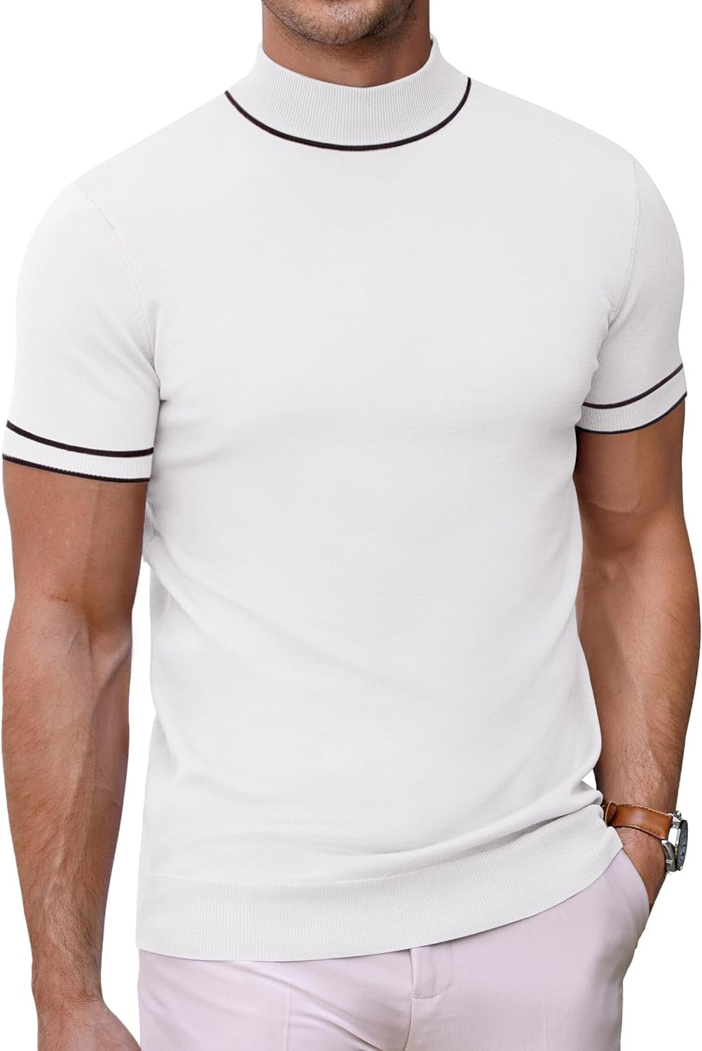 Mens Mock Turtleneck Sweater Short Sleeve Solid Color T-Shirts Basic Slim Fit Knitted Pullover Tees