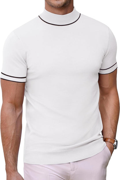 Mens Mock Turtleneck Sweater Short Sleeve Solid Color T-Shirts Basic Slim Fit Knitted Pullover Tees