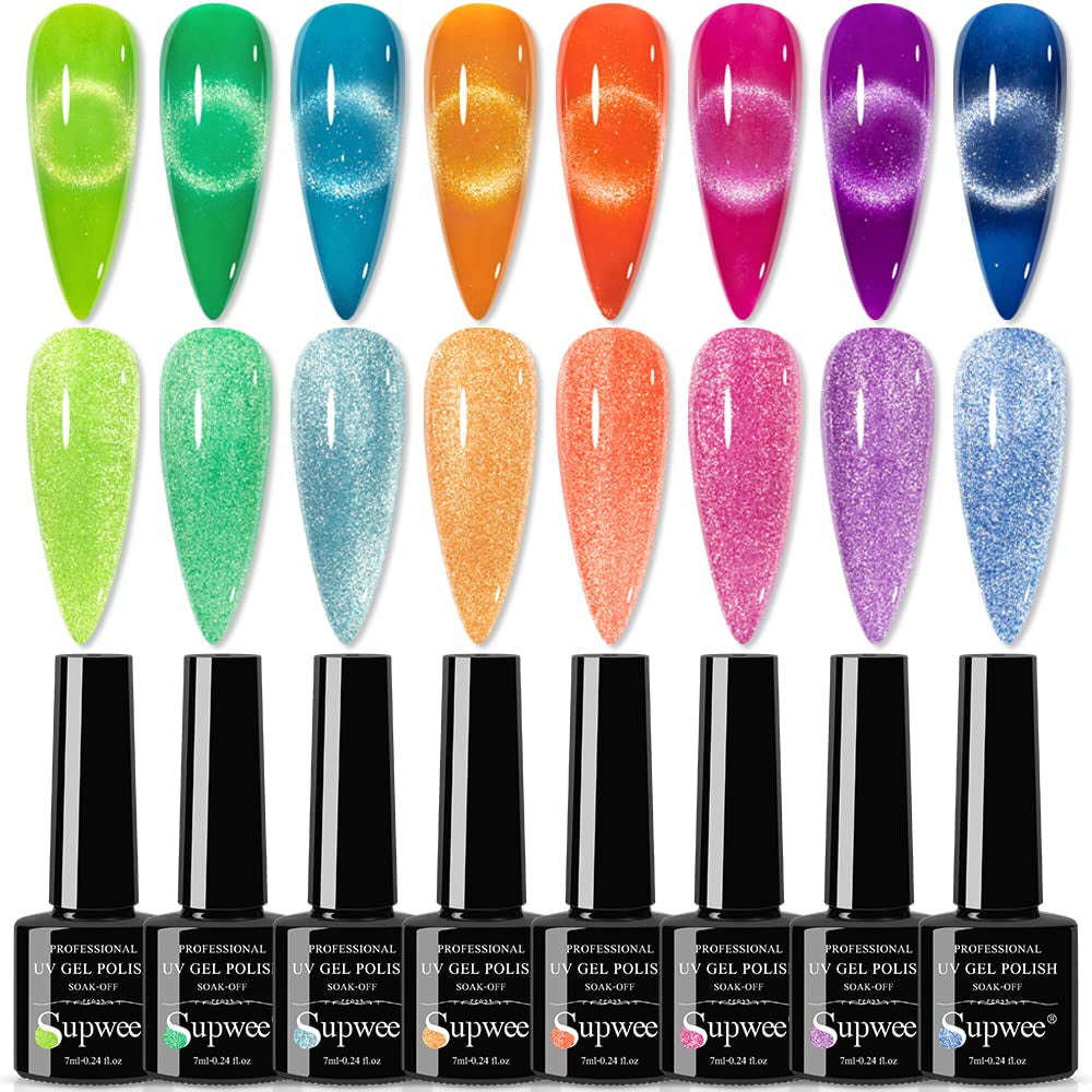 Magnetic Cat Eye Gel Nail Polish Set, 12 Colors 9D Cateye Nail Gel Polish Holographic Glitter Magnetic Gel Polish Soak Off Lamp Gel Nail Art Manicure Kit
