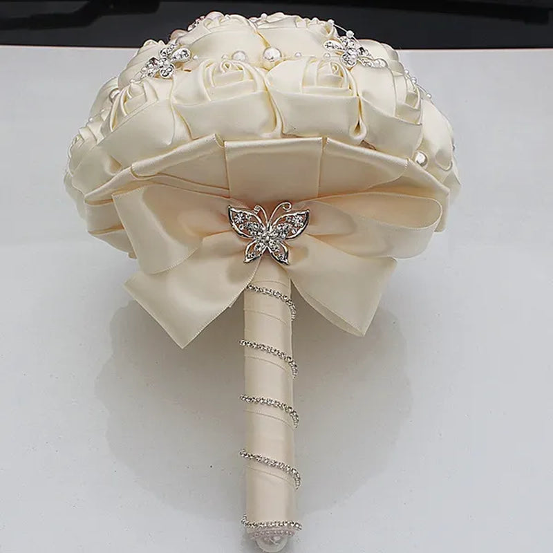 Ivory Rose Bride Wedding Bouquets Pearl Jewelry Brooch Bouquet Flowers 18cm