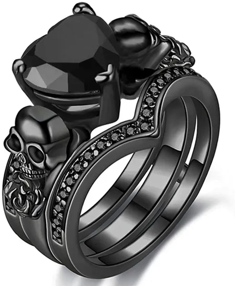 Gothic Skull Black Rings Set Women Rose Flower Red Purple Heart Love Zircon Crystal Christmas Anniversary Jewelry