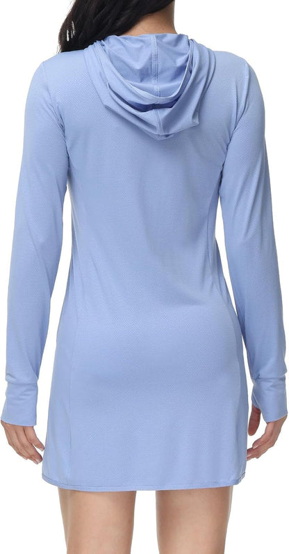 Women'S Long Sleeve Zip Beach Coverup UPF 50+ Sun Protection Hooded Cover up Shirt Dress with Pockets