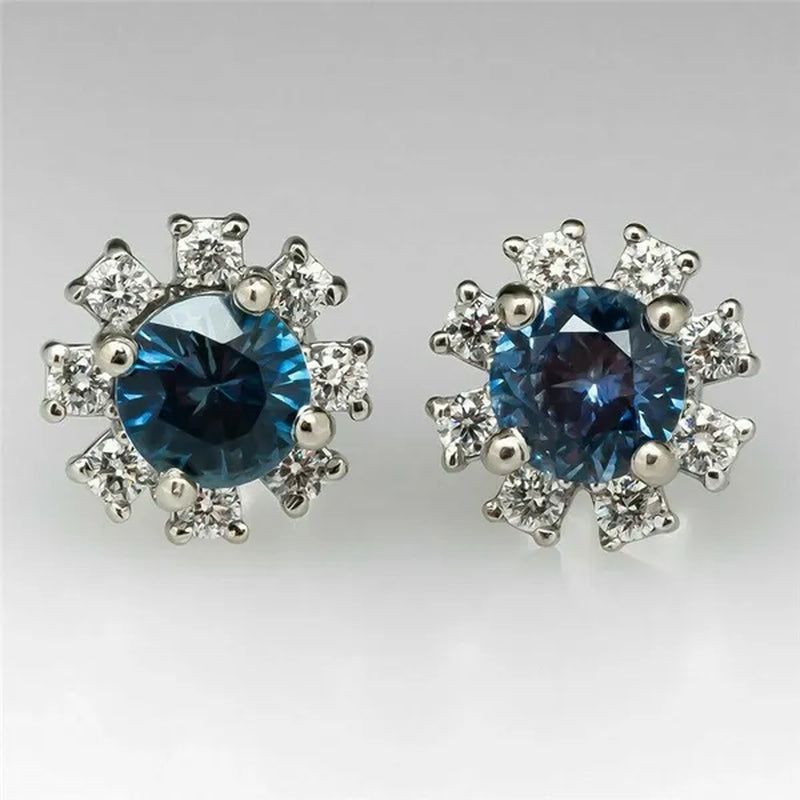 Delicate Silver Plated Round Cut Blue Sapphire Lab Diamond Snowflake Flower Stud Earrings for Women Daily Casual Accessories