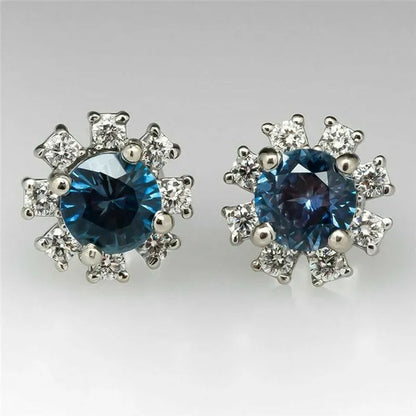 Delicate Silver Plated Round Cut Blue Sapphire Lab Diamond Snowflake Flower Stud Earrings for Women Daily Casual Accessories
