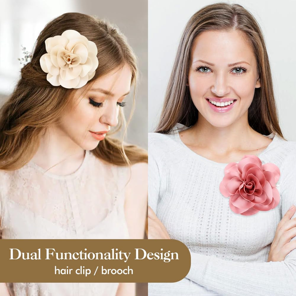 8 Pack Decorative 13Cm/5" Big Silky Satin Flower Brooch Pins Duckbill Alligator Hair Clips Barrettes Floral Hair Pins Accessories for Women Girls Teens Kids