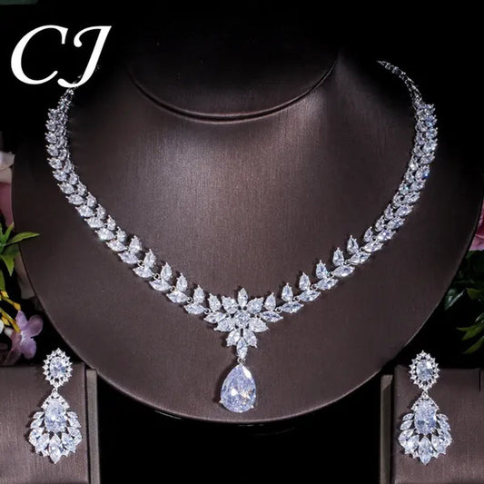CANDICE Hand-Inlay Sparkling AAA+ CZ Stone Luxury Wedding Bridal Jewelry Set Classic Platinum Plated Water Drop Pendant Necklace Earrings for Women Party