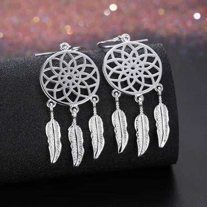 NEW 925 Sterling Silver Dreamcatcher Tassel Feather Round Bead Charm Bracelet & Bangle Earrings for Women Elegant Jewelry Set Gifts