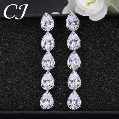 Candice High Quality Long Dangling Earrings Connect 5 Pcs Water Drop AAA CZ Zirconia White Gold Plated Luxury Wedding Ear Jewelry for Bridal Accessorise