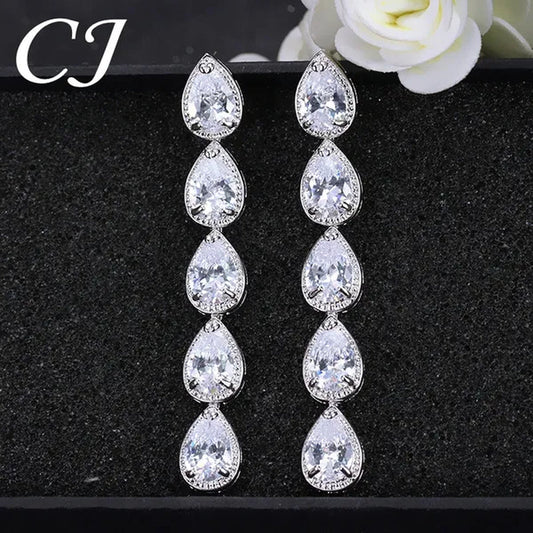 Candice High Quality Long Dangling Earrings Connect 5 Pcs Water Drop AAA CZ Zirconia White Gold Plated Luxury Wedding Ear Jewelry for Bridal Accessorise