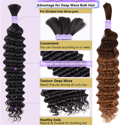 Human Hair Bulk for Braiding No Weft 100% Unprocessed Brazilian Virgin Weave Braid Deep Wave Curly Human Hair Extensions Two Bundles Micro Braiding Human Hair 100G No Weft 20 Inch