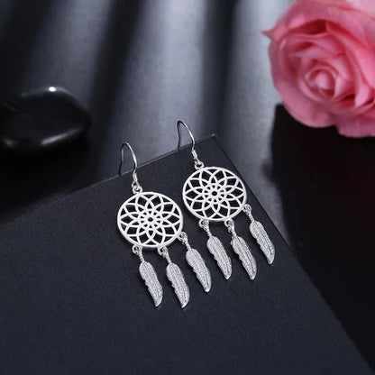 NEW 925 Sterling Silver Dreamcatcher Tassel Feather Round Bead Charm Bracelet & Bangle Earrings for Women Elegant Jewelry Set Gifts