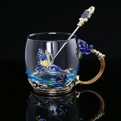 Red Blue Rose Enamel Crystal Cup Flower Tea Cup Butterfly Glass Water Cups Flower Mug with Spoon Set Perfect Gift for Lover Wedding
