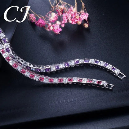 CANDICE Elegant Red Cubic Zirconia Setting Square Women Chain Bracelet Bangle for Birthday Gift