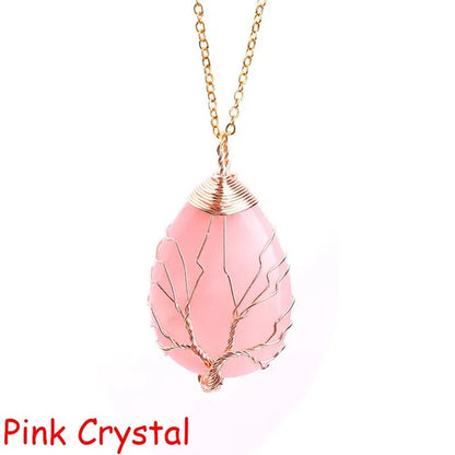 Vintage Natural Gemtone Crystal Amethyst Rose Quartz Tiger Eye Stone Water Drop Tree of Life Pendant Necklace for Women Men Jewelry