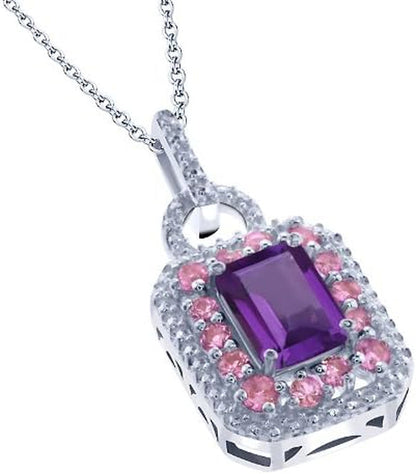 925 Sterling Silver Amethyst and Pink Sapphire Pendant Necklace for Women (1.45 Cttw, Gemstone Birthstone, Emerald Cut 7X5MM with 18-Inch Silver Chain)