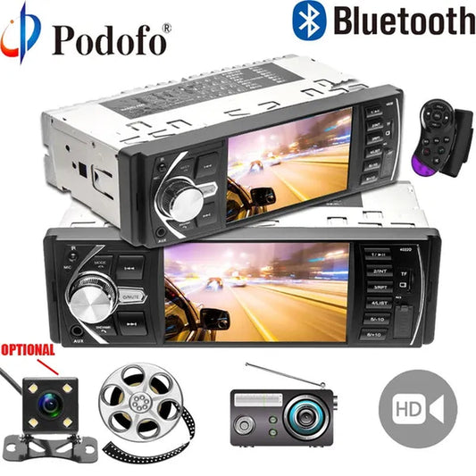 Podofo 4.1'' Car Radio 1Din Audio Stereo FM Bluetooth Steering Wheel Remote Control Car Player