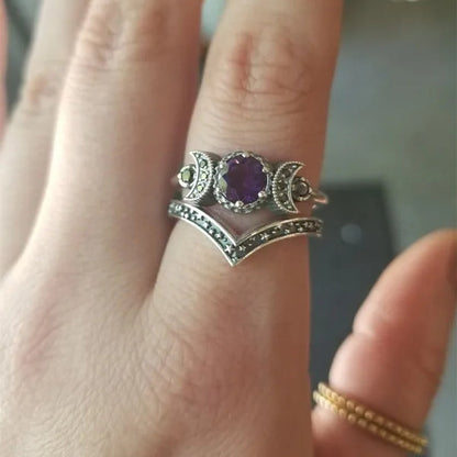 Hecate Triple Moon Ring Set Silver and Black Diamond Engagement Rings  Amethyst or Red Crystal Wedding Ring Unique Moon Goddess Rings for Women Fashion Jewelry Boho & Hippie & Gothic Anniversary Gift