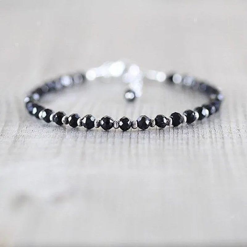 Black Spinel, Sterling & Karen Hill Tribe Silver Bracelet Boho Beaded Gemstone Bracelet Dainty Stacking Bracelet