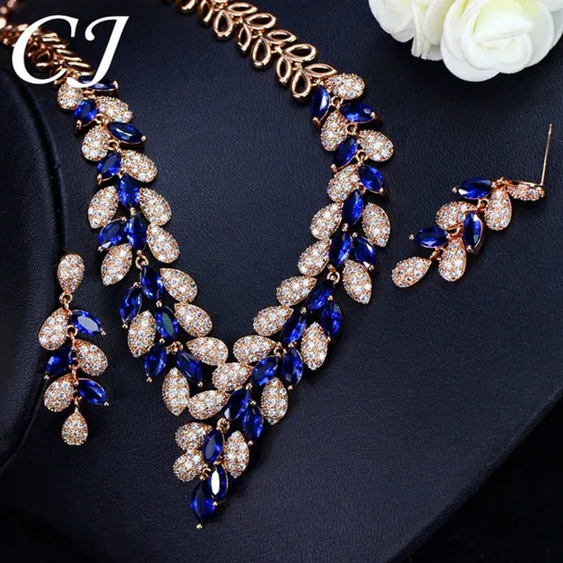 CANDICE High Quality Green Crystal Dubai Gold Plated Jewelry Sets Luxury CZ Stone African Necklace Earrings Wedding Set for Bridal Party