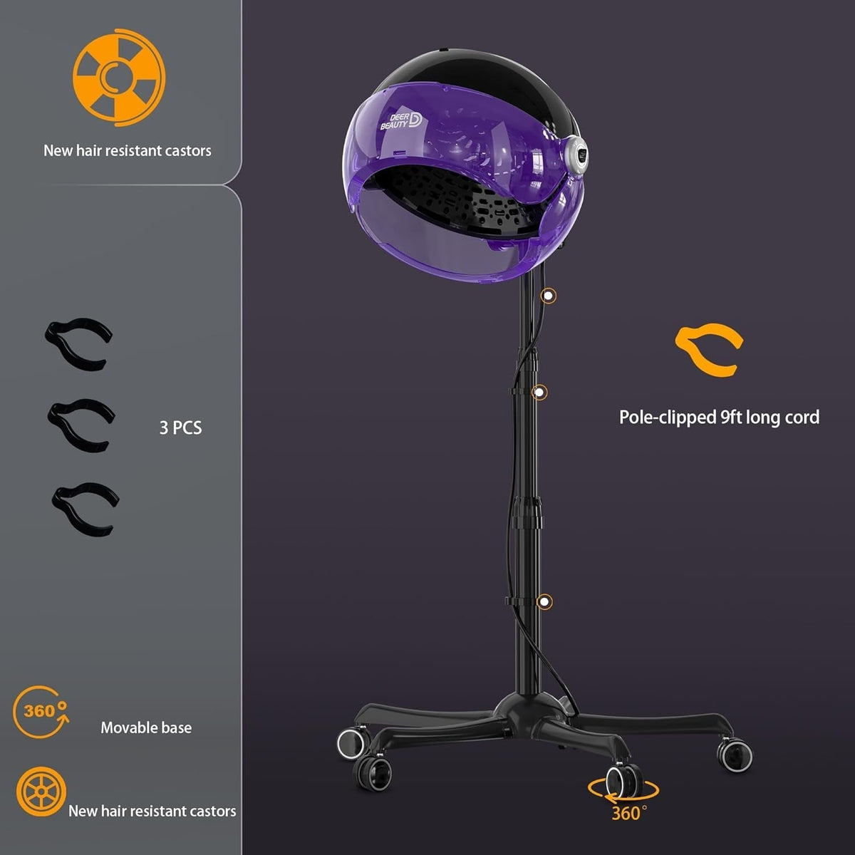 Professional Standing Hair Dryer - 1875W Floor Standing Hooded Dryer Hair Bonnet with Ionic Generator for Professional Salon Station Spa Home Use Hair Drying Treatment Adds Shine Volume (Purple)