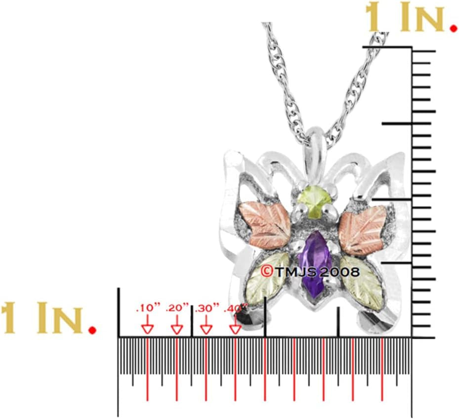 925 Sterling Silver, 12K Green and Rose Gold Peridot and Amethyst Butterfly Necklace for Women 18 Inches