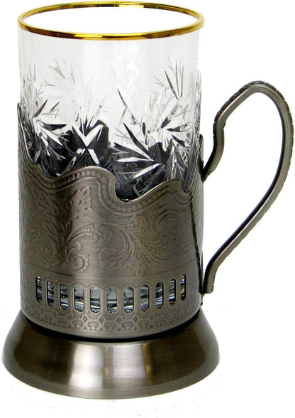 12-Pc Russian Tea Set, 24 Karat Gold Banded Tempered Crystal Glasses W/Metal Glass Holders Podstakannik Vintage Design