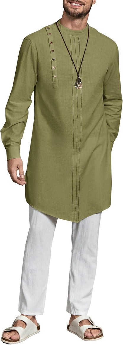 Mens Kaftan Thobe Long Sleeve Robe Gown Casual Cotton Linen Button Muslim Shirt