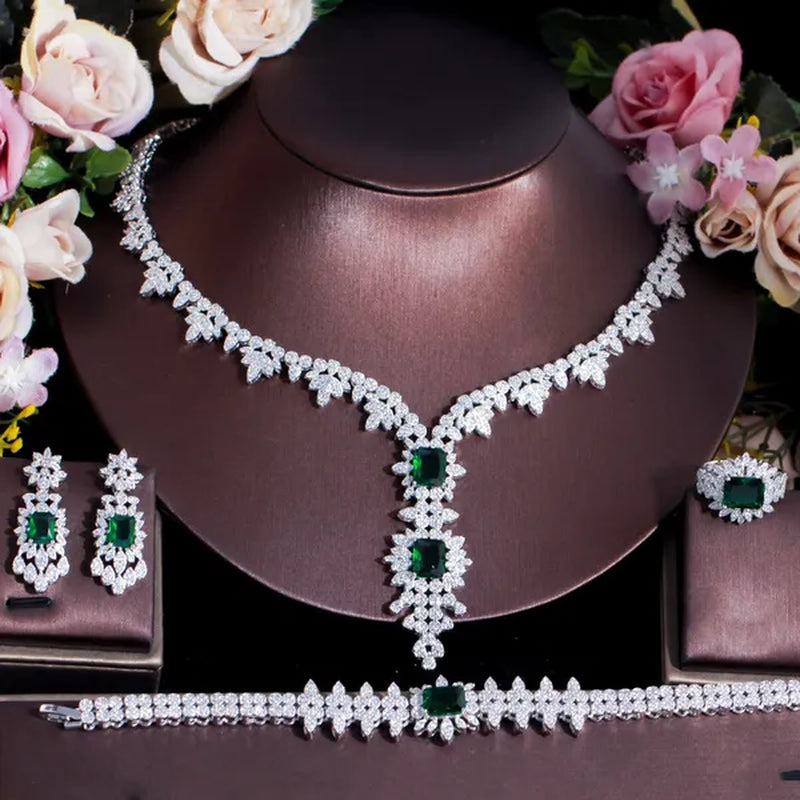 CANDICE High Quality White Gold Plated AAA CZ Women Long Pendant Necklace Earrings Ring Bracelet 4pcs Jewelry Set for Deep V Wedding Party Dress Accessories