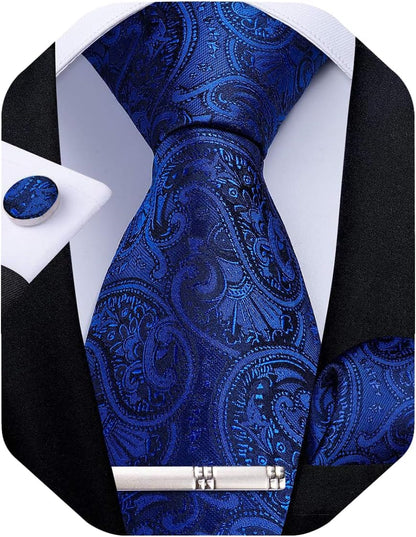 Paisley Ties for Men Silk Necktie and Pocket Square Cufflinks Tie Clip Set Woven Classic Mens Tie for Wedding Party