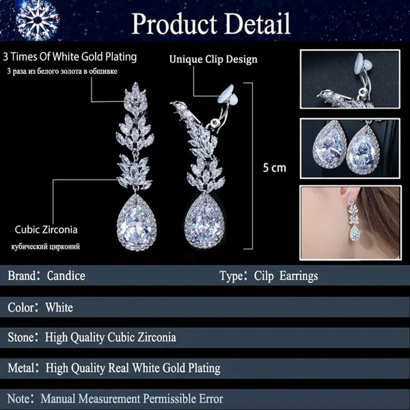 CANDICE Classic Design Water Drop Women Non Hole Ear Jewelry Setting Clear Leaf Zirconia Crystal Comfortable Clip On Earrings Without Piercing
