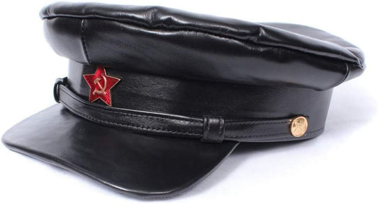Authentic Kommisarka Soviet NKVD Officer Visor Hat WW2 Russian Vintage Leather Peaked Hat with Soviet Red Star Badge
