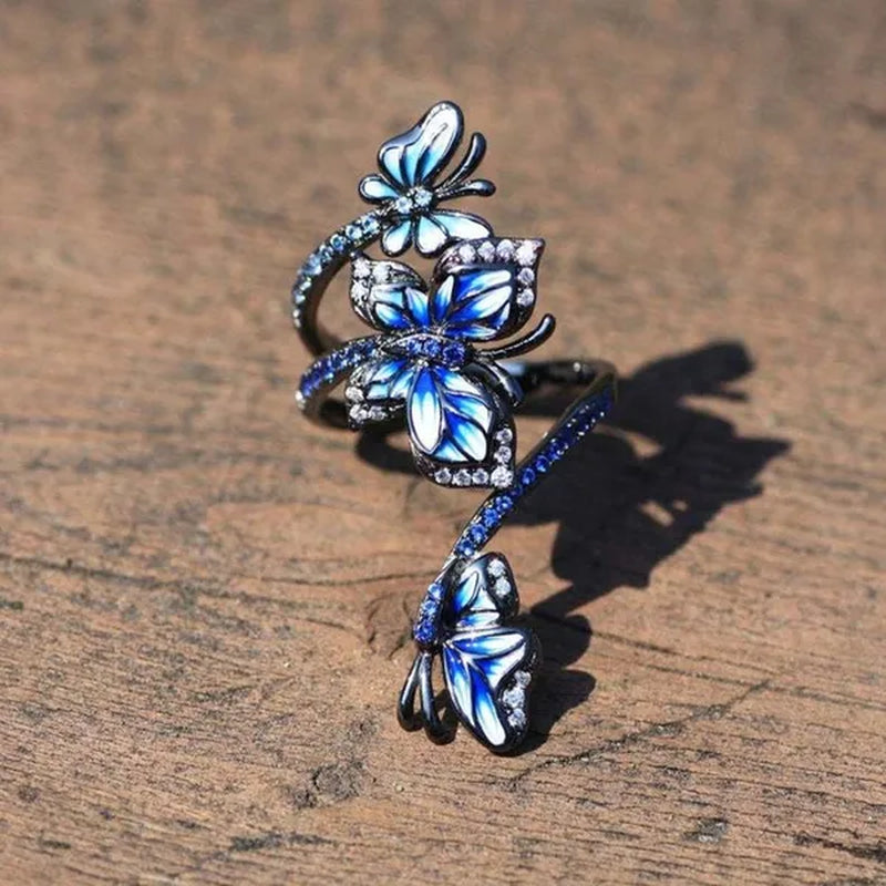 Exquisite 925 Sterling Silver Jewelry Rings for Women Female 3 Butterfly Animal Ring Temperament Blue Sapphire Zircon Inlay Ring Gun Black Ring Engagement & Wedding Band Ring Size 6-10