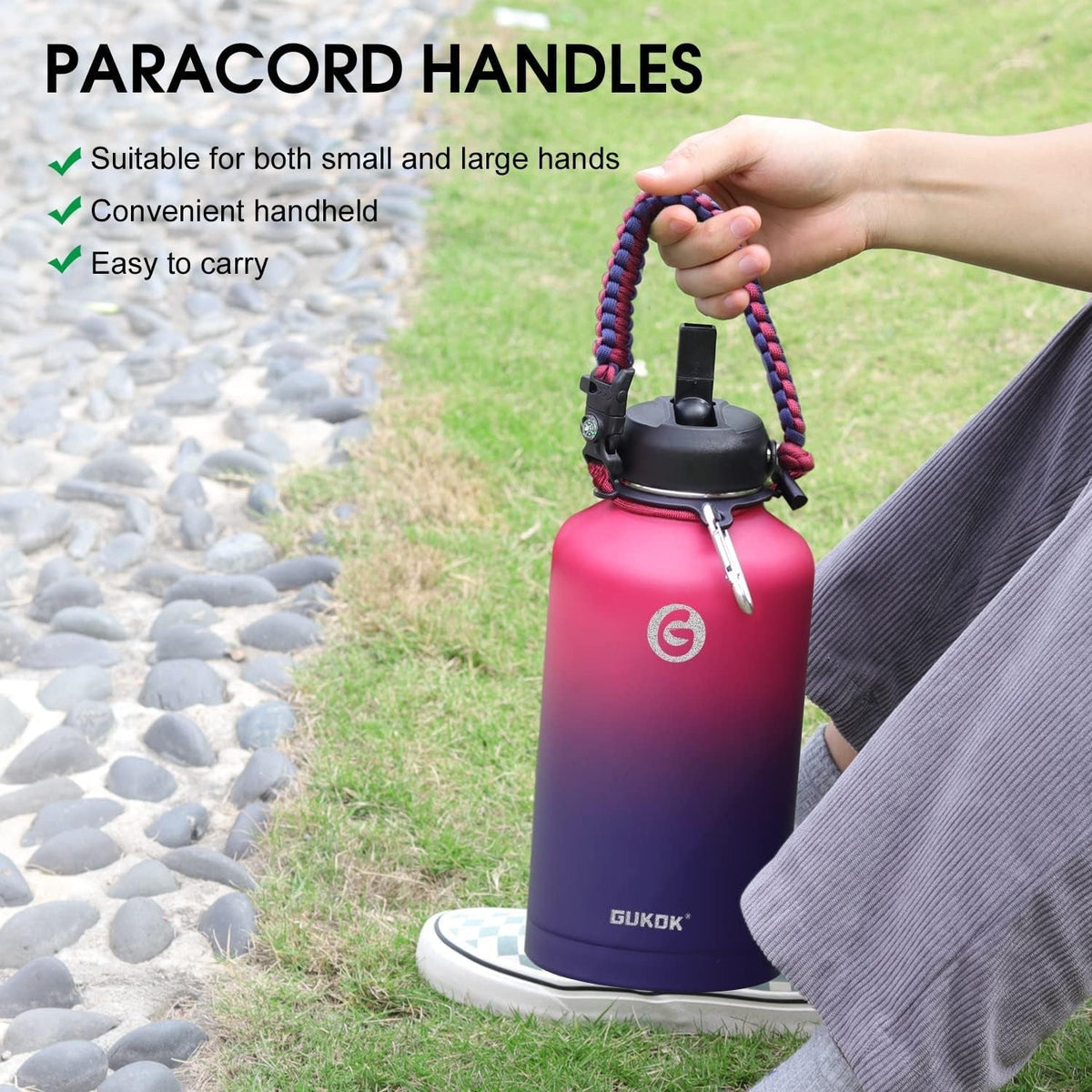 64 Oz Insulated Water Bottle with Straw & Paracord Handles & 2 Lids, Leak Proof Metal Water Jug, Hot Cold Stainless Steel Thermal Water Bottles, Half Gallon Large Water Flask for Sports, Gym