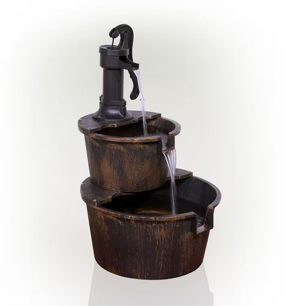 27 In. Tall 2-Tier Barrel and Pump Waterfall Fountain, Bronze Finish