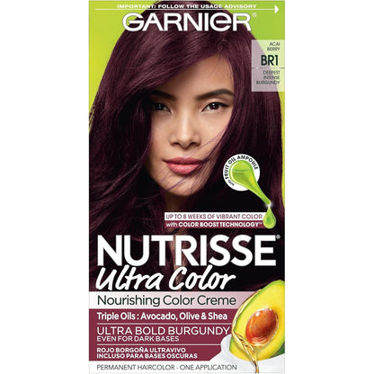 Hair Color Nutrisse Ultra Color Nourishing Creme, BR1 Deepest Intense Burgundy (Acai Berry) Red Permanent Hair Dye, 1 Count (Packaging May Vary)