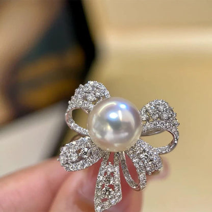 Elegant Bow Knot Pearl Rings for Women Rhinestone CZ Crystal Butterfly Tie Open Statement Ring Promise Engagement Rings Anniversary Wedding Band Jewelry