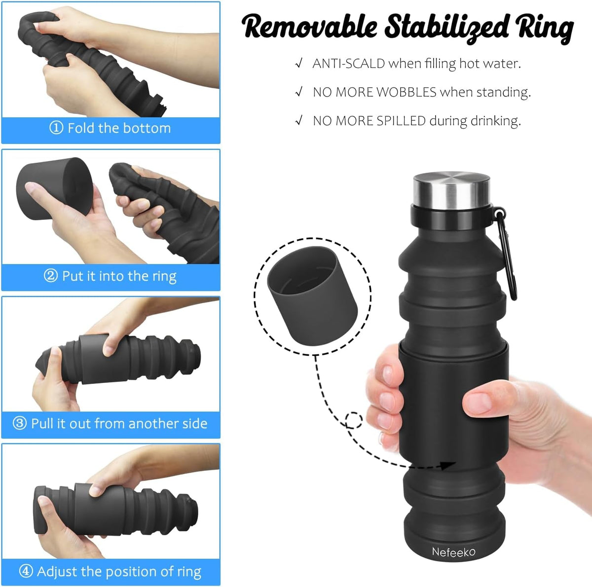 Collapsible Water Bottle, Reuseable BPA Free Silicone Foldable Water Bottles for Travel Gym Camping Hiking, Portable Leak Proof Sports Water Bottle with Carabiner