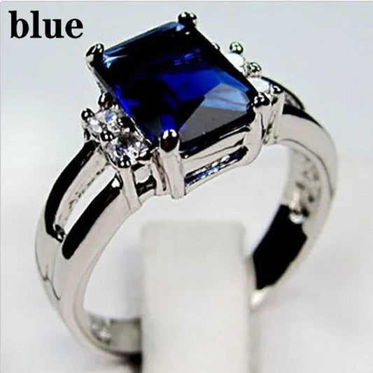 Women 925 Silver Plated Blue Sapphire / Black / Purple / Red CZ Wedding Ring Size 6-10  (Choice Color and Size)
