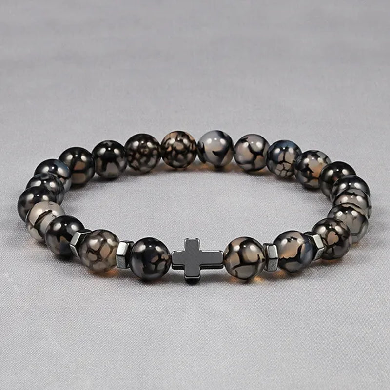 Hot Men Natural Tiger Eye Beads Hematite Cross Bracelets Onyx Meditation Prayer Bead Bracelet Women Stone Yoga Jewelry Homme