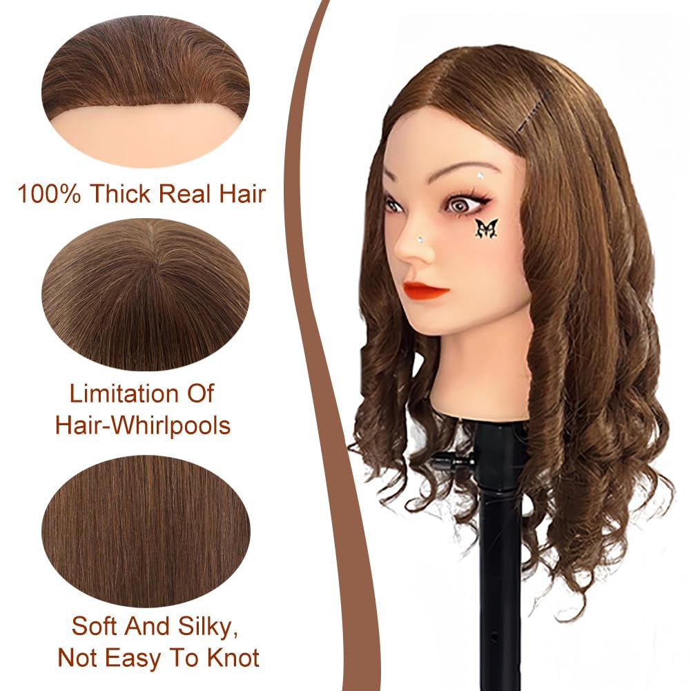 Mannequin Head with 100% Real Human Hair Cosmetology Mannequin Head to Practice Hairstyles Doll Head Training Head for Hairdresser (Brown)