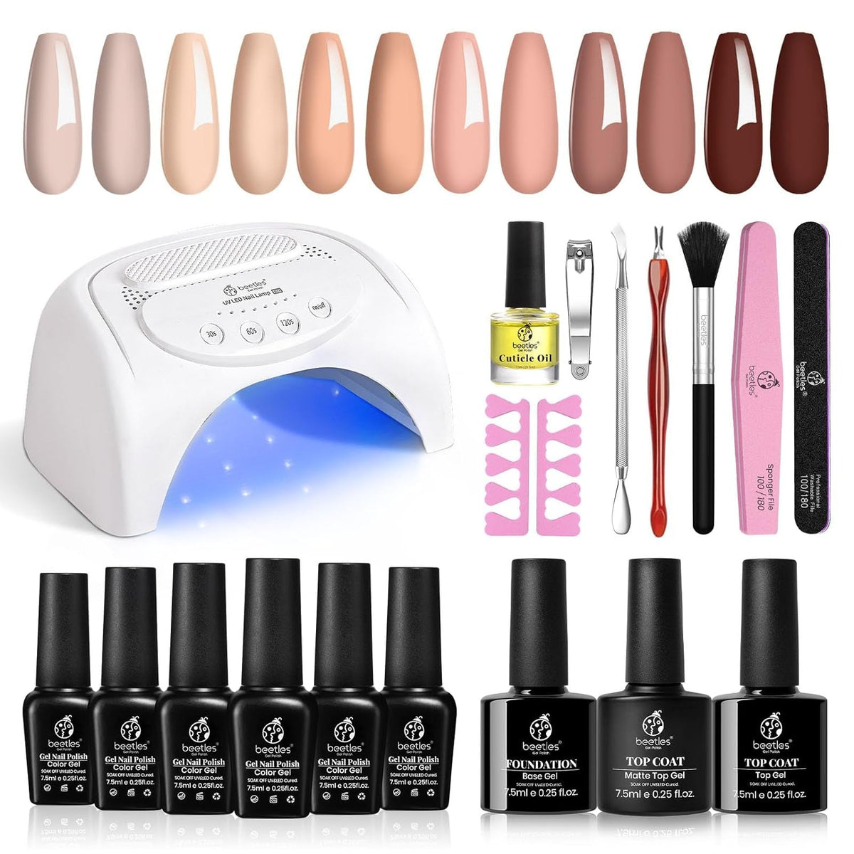 Beetles Gel Nail Polish Kit with 48W light 18 Pcs Gel Starter Kit,6 colors Nude Pink French White Glitter Gel Polish Soak Off Base Top Coat Gel Art Manicure Kit
