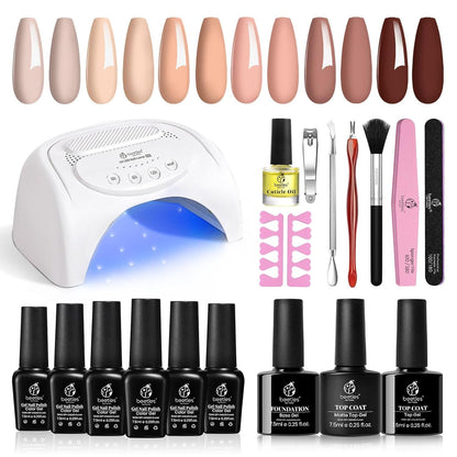 Beetles Gel Nail Polish Kit with 48W light 18 Pcs Gel Starter Kit,6 colors Nude Pink French White Glitter Gel Polish Soak Off Base Top Coat Gel Art Manicure Kit